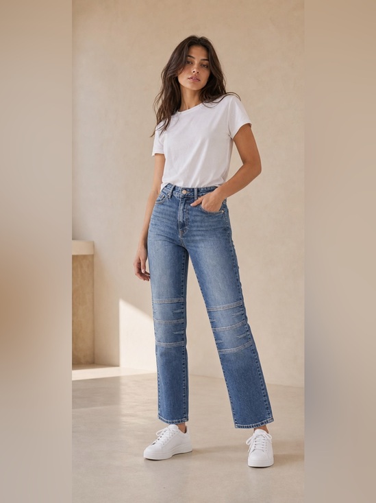 Good American Denim - Good American Knee Panel Stitched Straight Leg Jeans Size 4/27 NWT Indigo $179